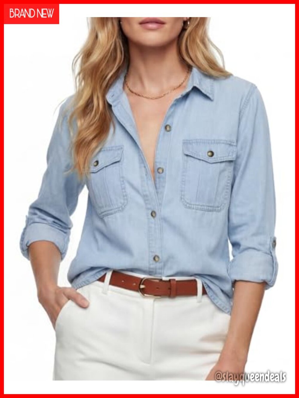 Women's Button Down Denim Shirt, 100% Cotton Chambray Long Sleeve Casual